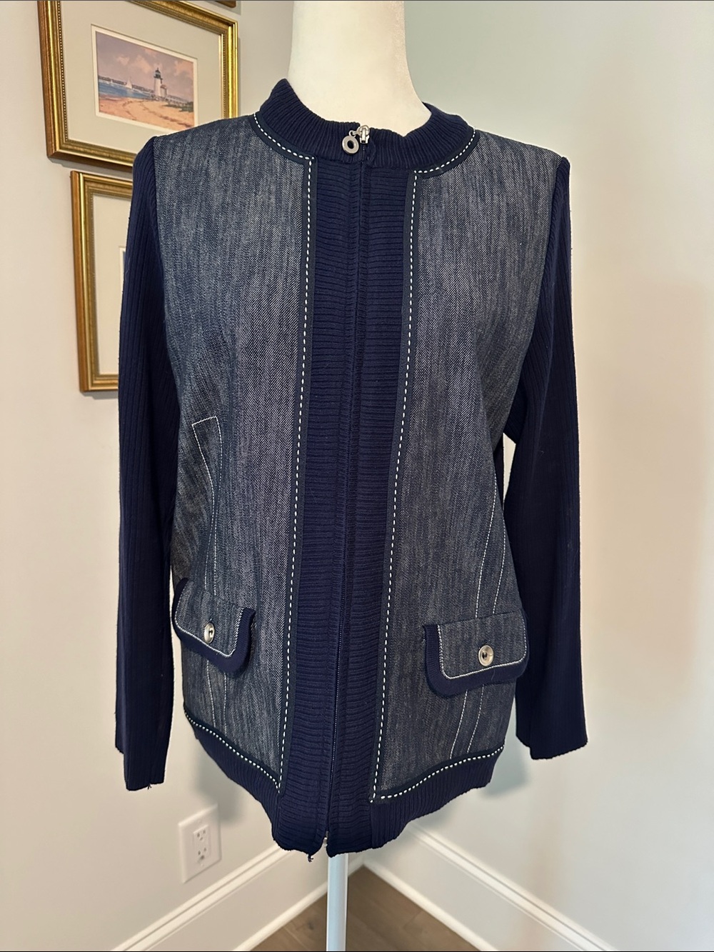 TANJAY Navy Mixed-Media Zip Front Jacket